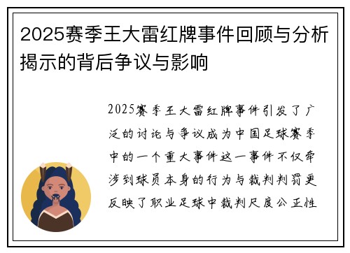2025赛季王大雷红牌事件回顾与分析揭示的背后争议与影响